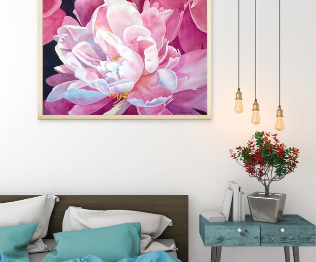 複製水彩画 花 紫とピンクの額付き 牡丹水彩画花オリジナルアート花の壁アートピンクアート