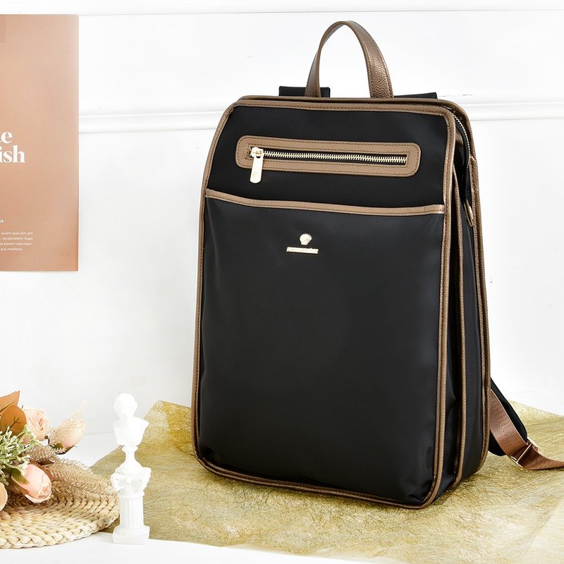 Two-color Athena multi-compartment anti-theft backpack, ultra-light slim fit A4 document laptop bag - noble black gold - กระเป๋าเป้สะพายหลัง - ไนลอน สีดำ