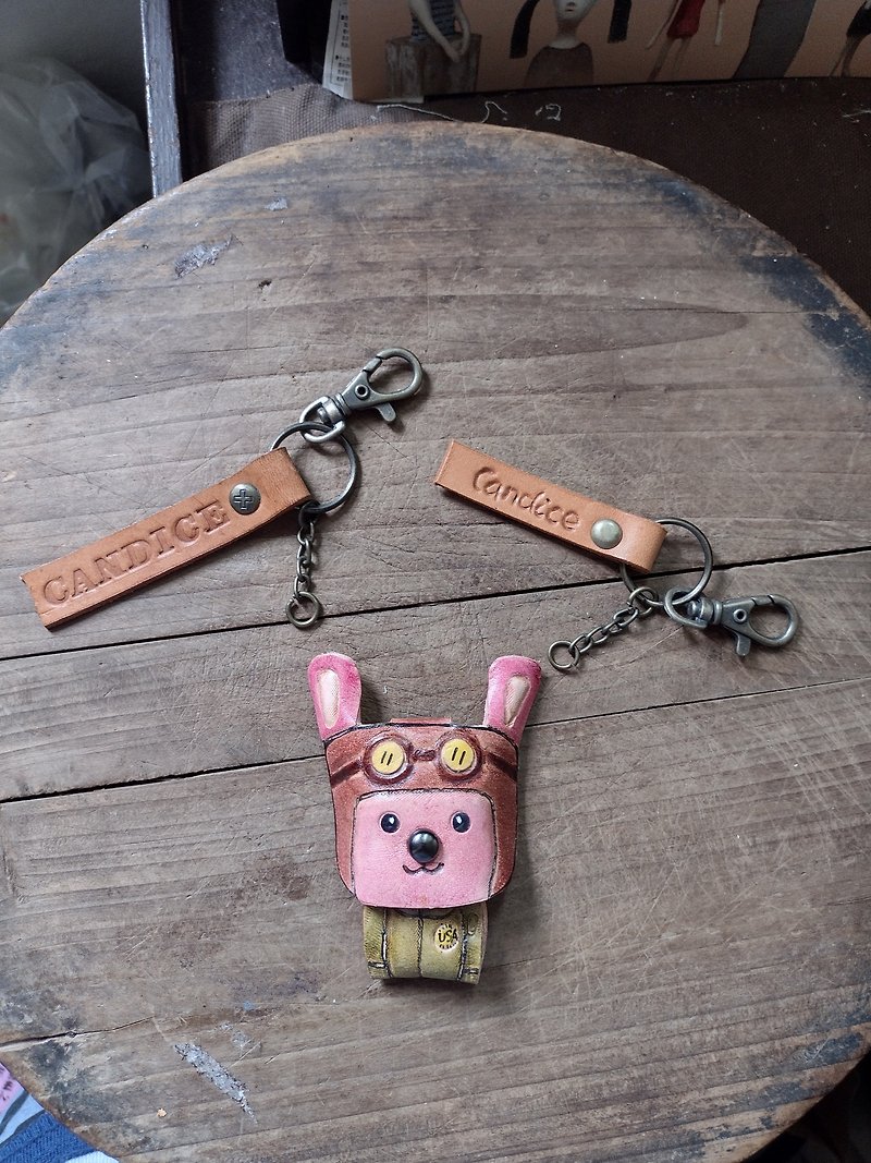 飛行員 可愛小兔子 12生肖 純牛皮鑰匙圈- 可刻字 - 鑰匙圈/鎖匙扣 - 真皮 粉紅色