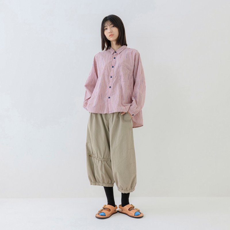 滯留橫抽繩七分氣球褲 - 女長褲 - 其他人造纖維 卡其色