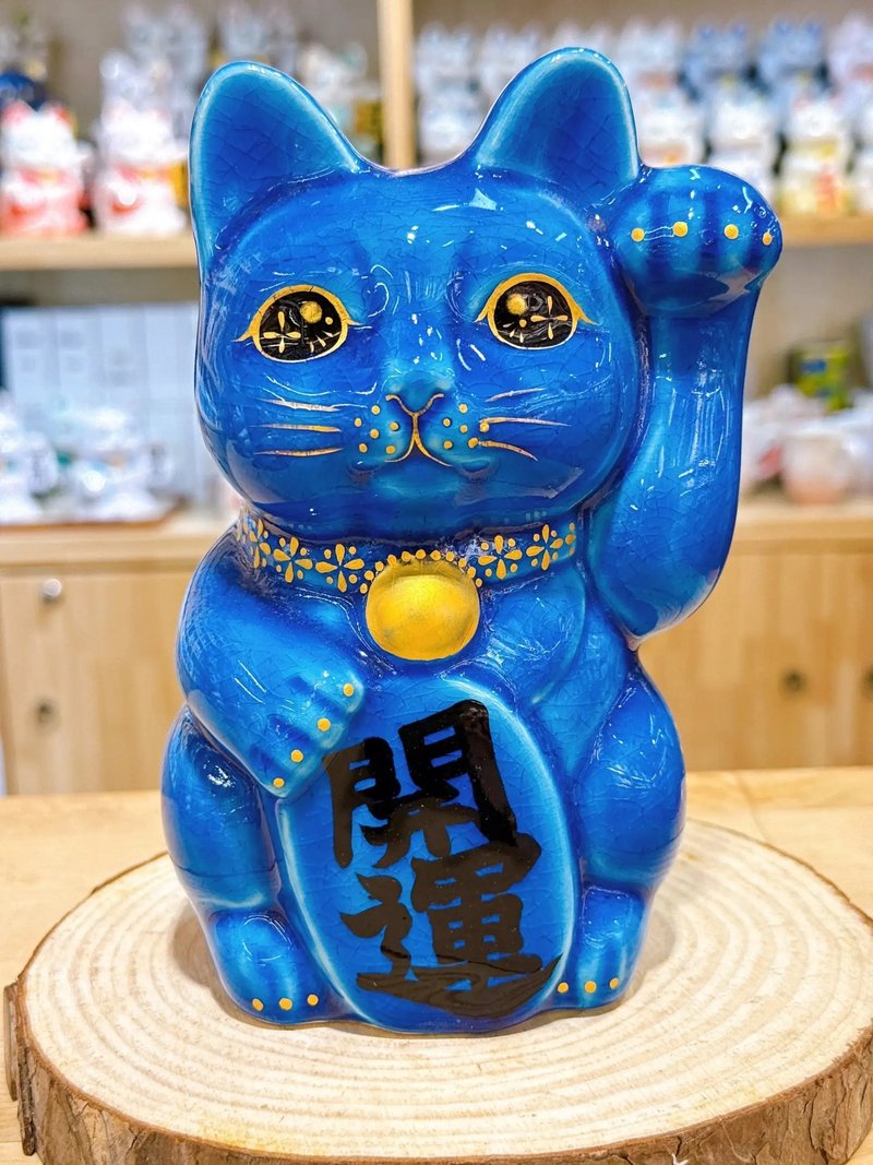 【藍丹聚財】日本清水燒招財貓 | 交趾 - 牡丹 中號 - 擺飾/家飾品 - 瓷 藍色
