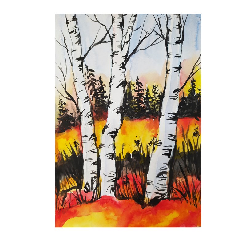 Forest landscape autumn watercolor painting original art artwork wood art - ตกแต่งผนัง - กระดาษ สีแดง