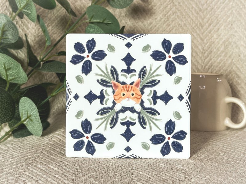 Tile Peekaboo Coaster Orange Cat | Wedding Souvenir Yingge Ceramic Three-dimensional Pattern Wooden Gift Box - ที่รองแก้ว - ดินเผา 