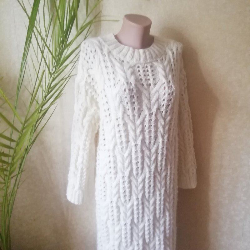 女式白色手工針織羊毛連衣裙。鏤空溫暖柔軟的毛衣連衣裙。 - 連身裙 - 羊毛 白色