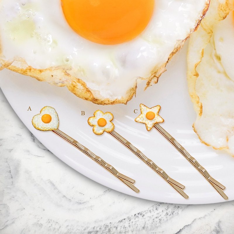 [Macro Food World] Hand-made love poached egg, one word clip, hair clip, hair ornament - เครื่องประดับผม - ดินเหนียว หลากหลายสี