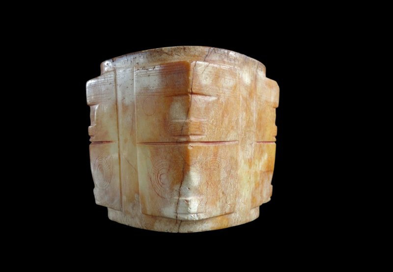 Jade Cong Liangzhu Culture Jade Cong Neolithic Jiaohua Period High Ancient Jade Ancient Jade Gods, Humans and Animals Face Patterns - Items for Display - Jade Khaki