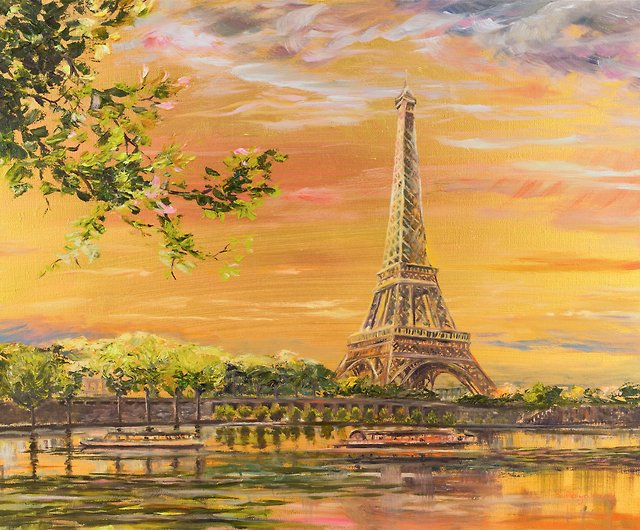 油絵 油彩画 原画 0号 「エッフェル塔のみえるカフェ」パリ 菊地
