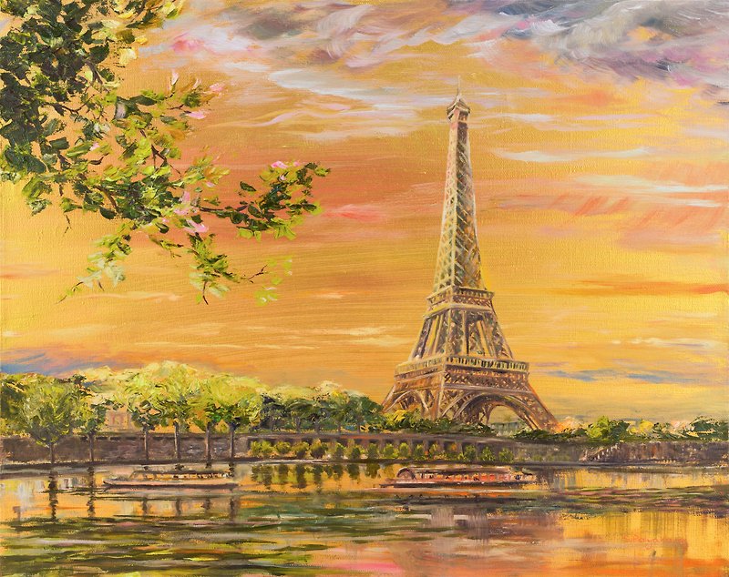 Eiffel Tower Painting Paris Cityscape Oil Painting on Canvas Sunset Original Art - 掛牆畫/海報 - 其他材質 金色