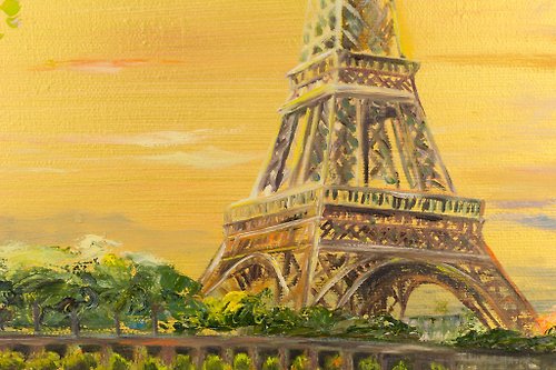 エッフェル塔の絵画パリの街並みの油絵キャンバスサンセットオリジナル 