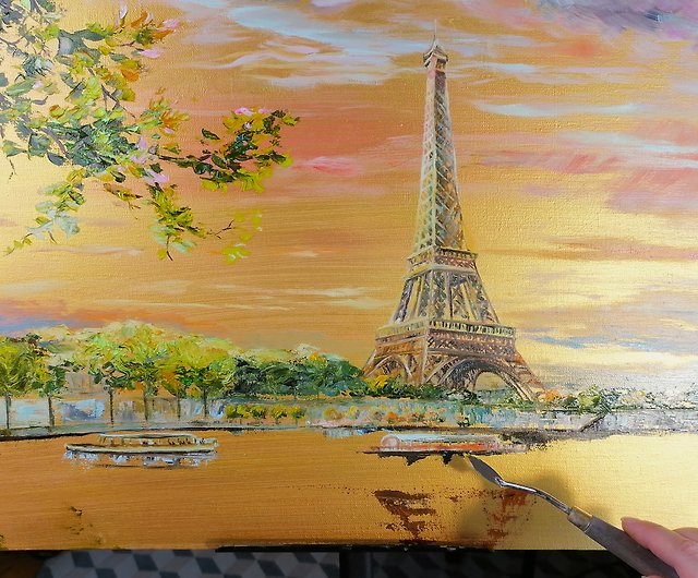 エッフェル塔の絵画パリの街並みの油絵キャンバスサンセットオリジナル