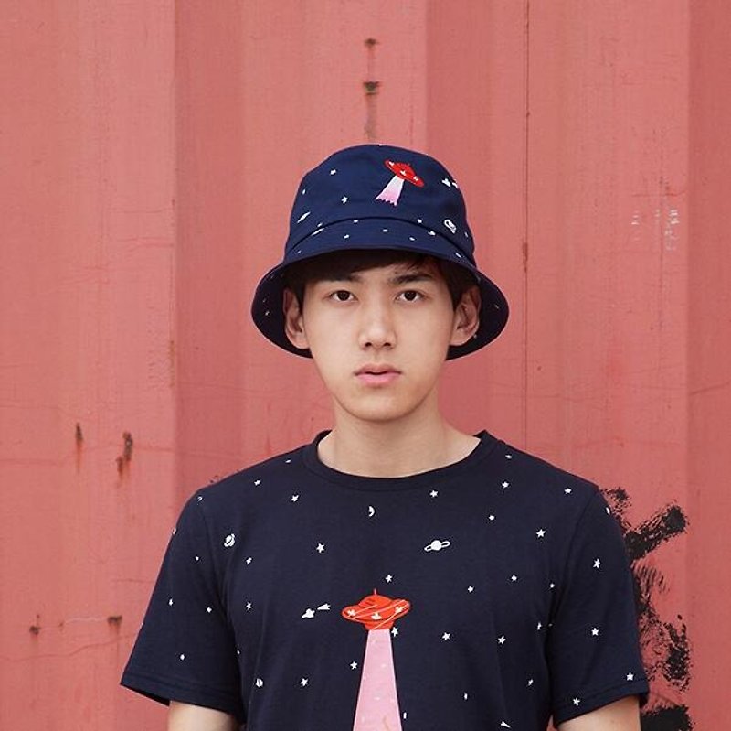 YIZISTORE cotton canvas printing embroidery fisherman hat men and women casual short-brimmed sun hat topped -UFO - หมวก - ผ้าฝ้าย/ผ้าลินิน สีน้ำเงิน