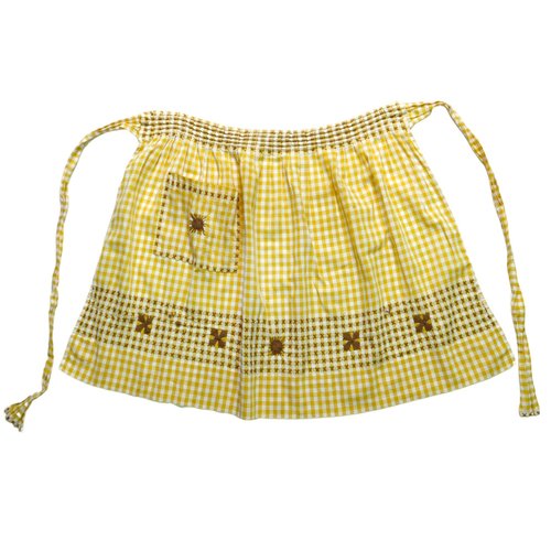 富士鳥古著屋 Handmade Apron 黃白格紋手工刺繡圍裙 古著半圍裙