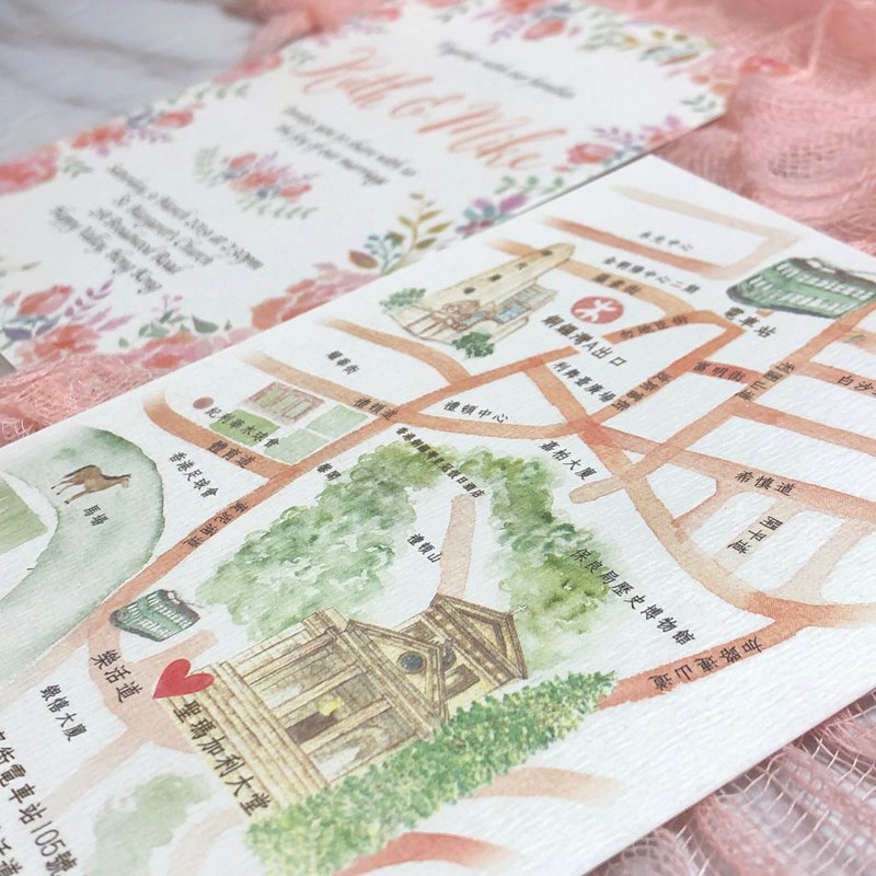 HeyHeyCard 喜喜 香港設計 手繪地圖及花花喜帖 / 結婚請帖 - 心意卡/卡片 - 紙 粉紅色