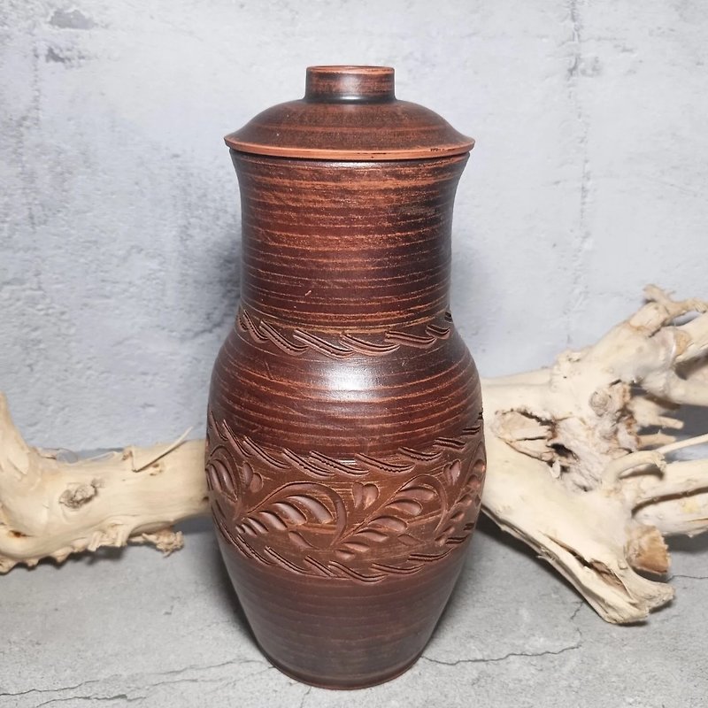 Pottery large Jug 3000ml Handmade red clay Wine container Brown jug with lid - Pitchers - Clay 