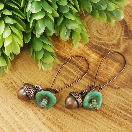 AGATIX Copper Acorn Mint Green Czech Glass Flower Long Drop Earrings Woman Jewelry Gift