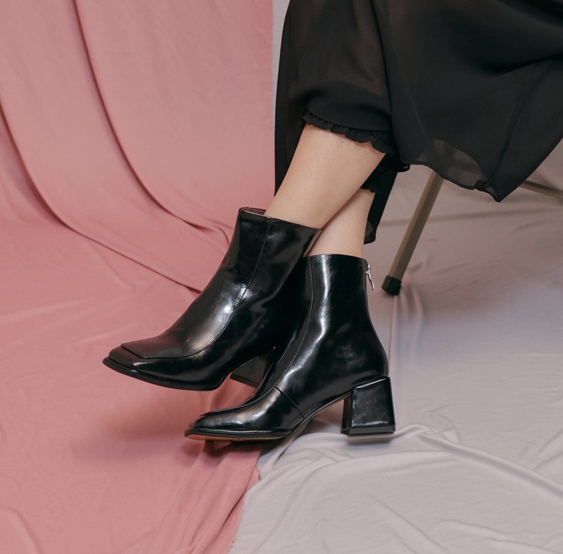 Square toe-square thick heel short boots-black - รองเท้าบูทสั้นผู้หญิง - หนังแท้ สีดำ