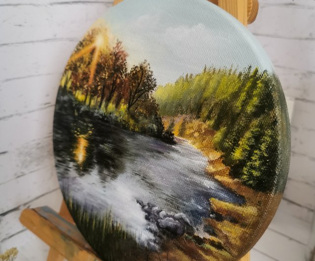 River landscape original painting on canvas, Round painting