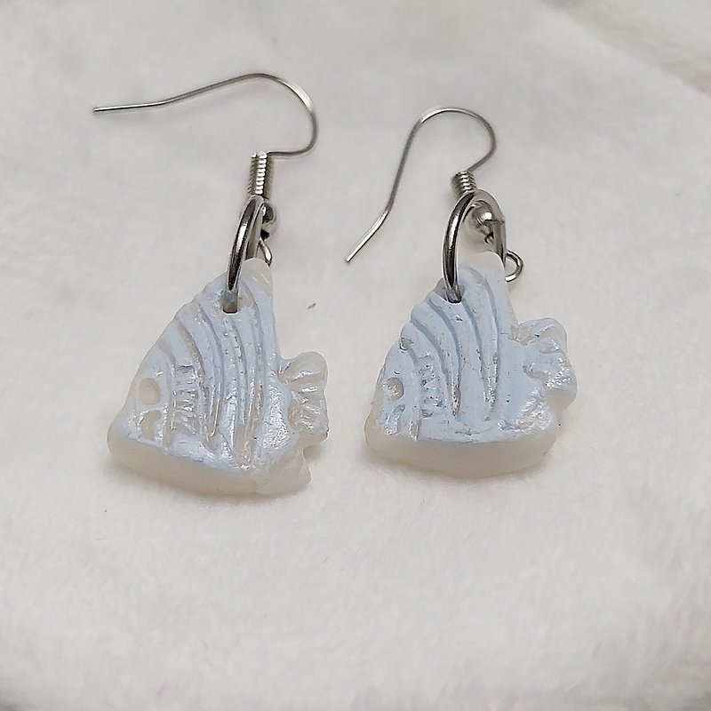 Fish Blue White Color Earring Handmade Air Dry Clay Eco Friendly Stainless Hook - Earrings & Clip-ons - Clay Blue