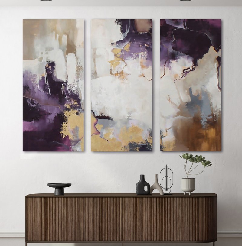 Triptych wall art | Purple abstract art | Triptych abstract | Flash Triptych - 壁貼/牆壁裝飾 - 棉．麻 紫色