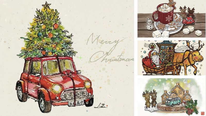 โปสการ์ดคริสต์มาสภาพประกอบแสนอบอุ่น ชุด 4 แบบ - การ์ด/โปสการ์ด - กระดาษ 