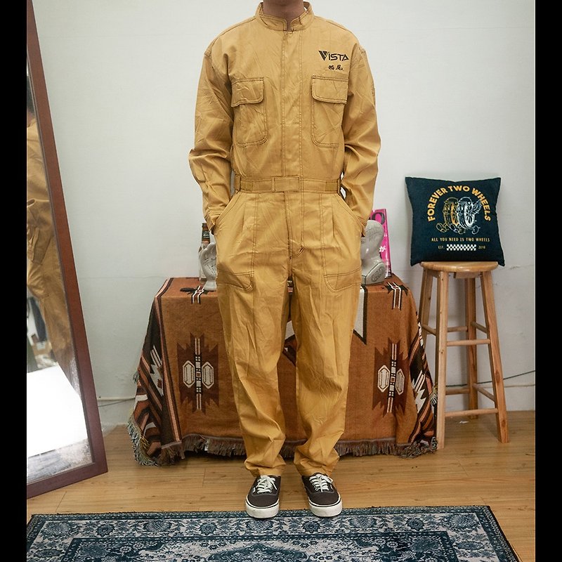 TOYOTA mustard yellow jumpsuit auto repair vintage second-hand - กางเกงขายาว - ผ้าฝ้าย/ผ้าลินิน สีเหลือง