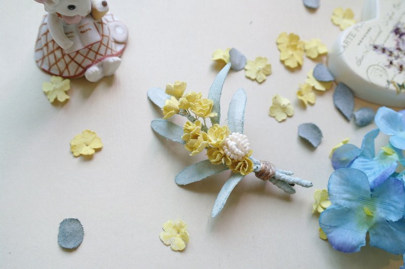 森林係 黃色 含羞草 布花 染花 串珠 胸花 胸針 生日 婚禮 禮物 - 胸花/手腕花 - 棉．麻 黃色