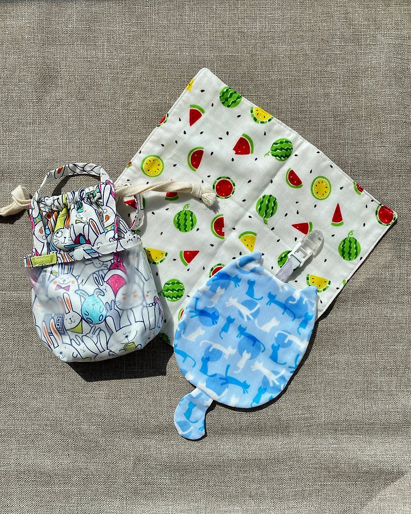 A must-have lucky bag for the start of school - cat-shaped handkerchief holder + handkerchief + medicine bag - White Rabbit - Bibs - Cotton & Hemp 