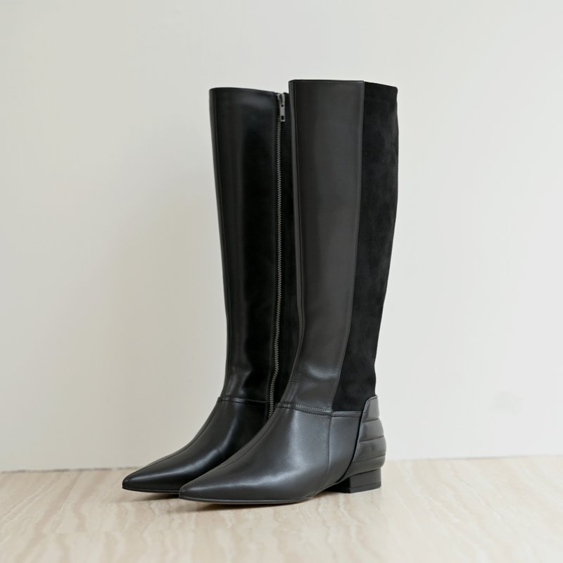 牛皮拼接彈力絨-尖頭低跟長靴-黑色 - 女長靴/高筒靴 - 真皮 黑色