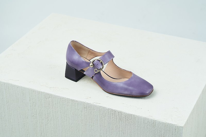 HTHREE 4.6 square headdress buckle Mary Jane heel shoes/lilac purple/Buckle MaryJane Heels - รองเท้าบัลเลต์ - หนังแท้ สีม่วง