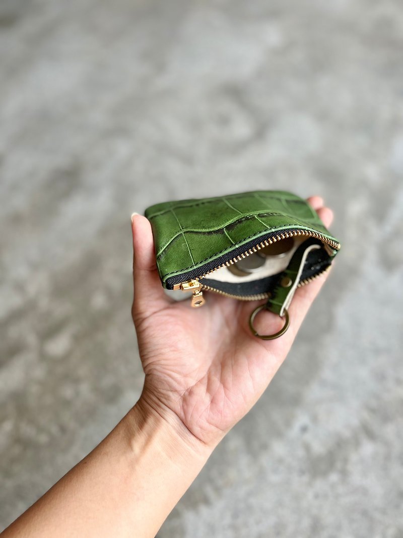 Zipper key bag-green crocodile vegetable tanned cowhide can hold keys and change [LBT Pro] - ที่ห้อยกุญแจ - หนังแท้ สีเขียว