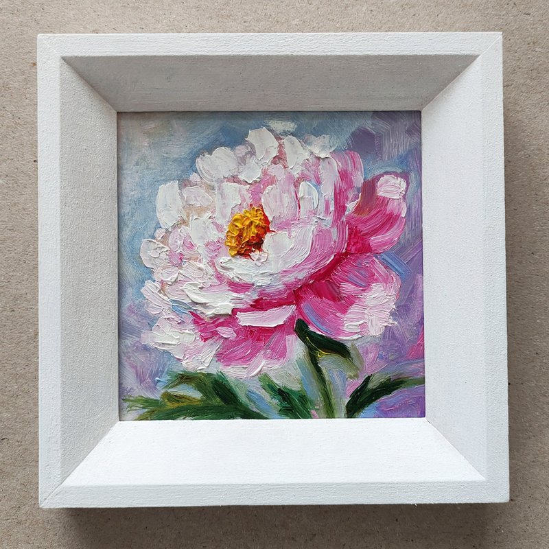 White Peony Painting Original Art In Frame Floral Small Oil Artwork 手工油畫, 油畫原作 - Posters - Other Materials Multicolor