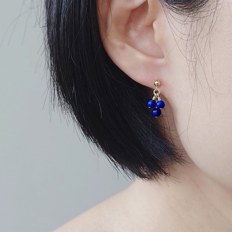 Lapis Lazuli Indigo Blue Triple Beads Charm 14Kgf Drop Earrings - ต่างหู - เครื่องประดับพลอย สีน้ำเงิน