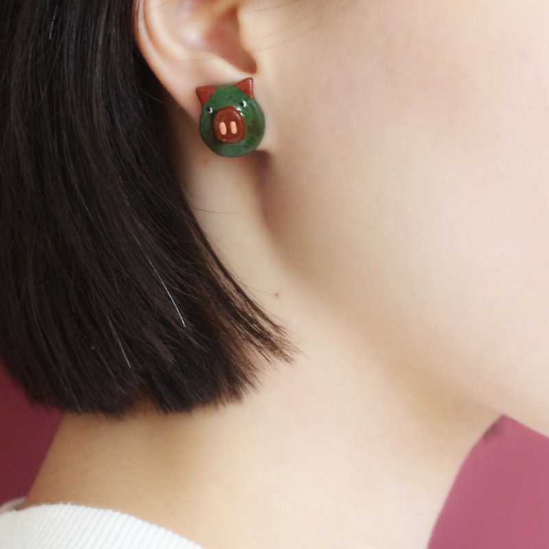 Piggy puppy earrings ear clips - Earrings & Clip-ons - Clay Red