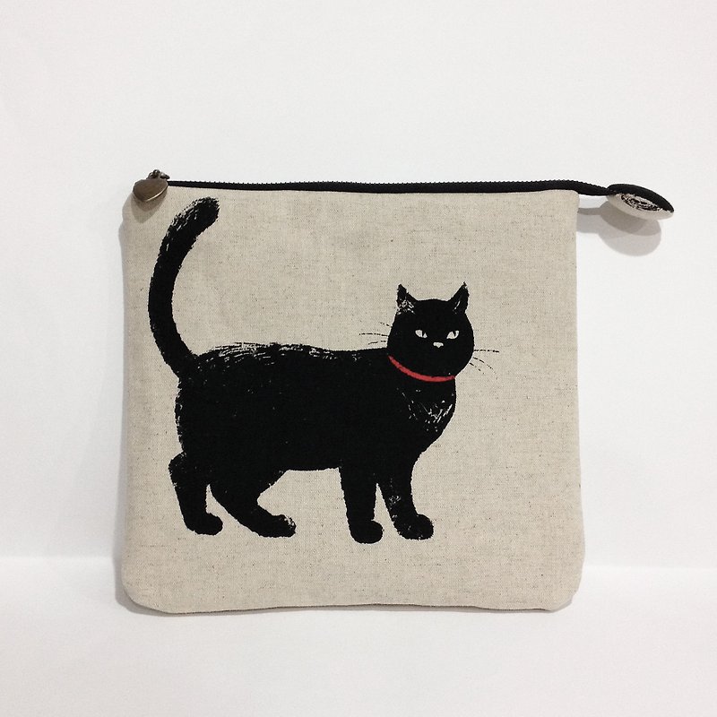 棉麻 黑貓 扁筆袋 萬用袋 - 化妝袋/收納袋 - 棉．麻 黑色
