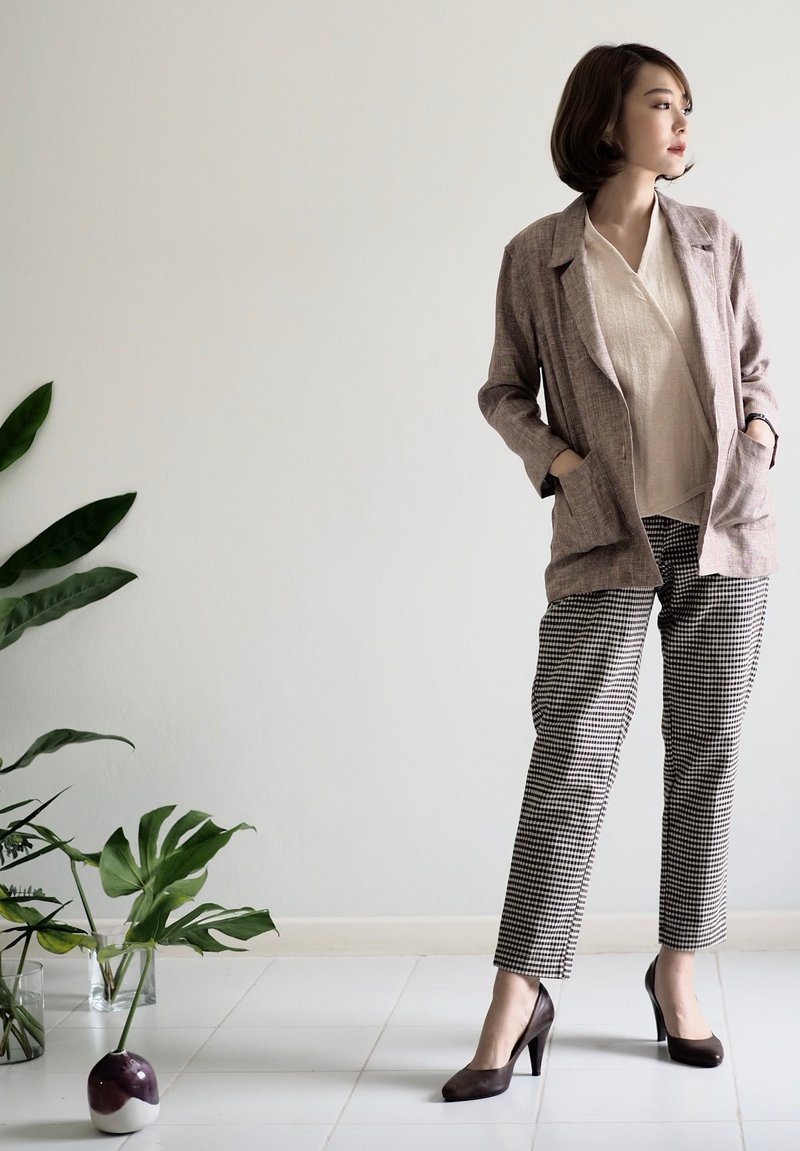 After The Rain Long Sleeve Blazer Tan Color Linen - 女襯衫 - 棉．麻 咖啡色