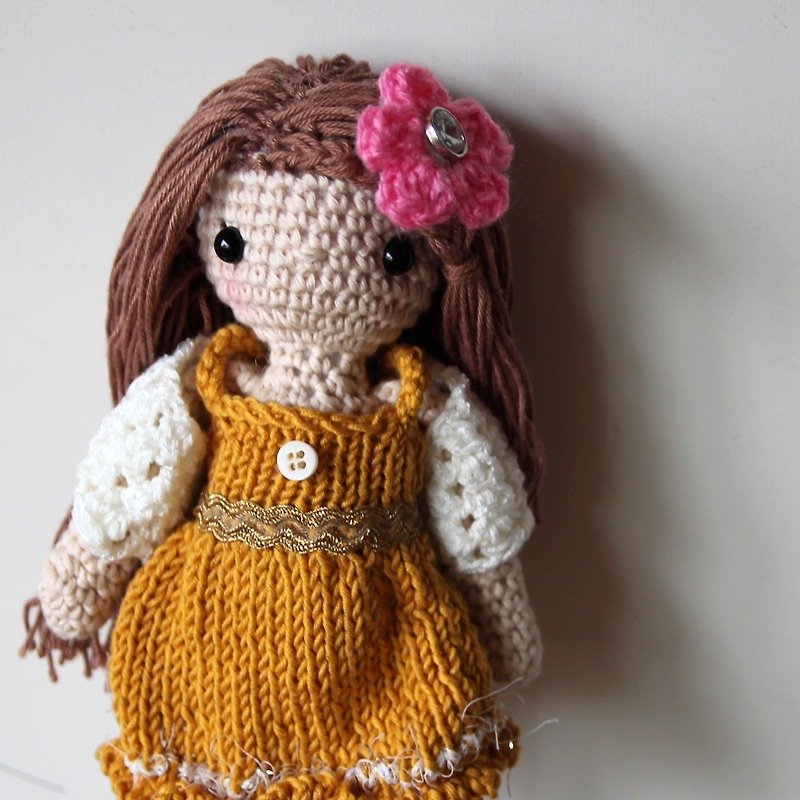 Pink Short Knitting Dinner Dress Doll, yellow skirt, Brown Hair - Stuffed Dolls & Figurines - Polyester Yellow