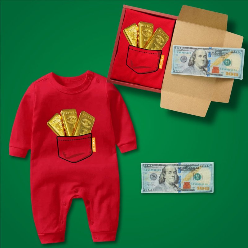 A bag full of gold bullion banknotes gift box 2 sets of long-sleeved jumpsuit red + banknote square baby baby - Baby Gift Sets - Cotton & Hemp White