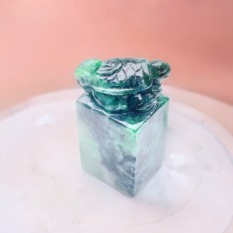 【吉祥‧長壽】花青翡翠烏龜印章 | 天然緬甸玉翡翠A貨 | 送禮 - 印章/印台 - 玉石 綠色