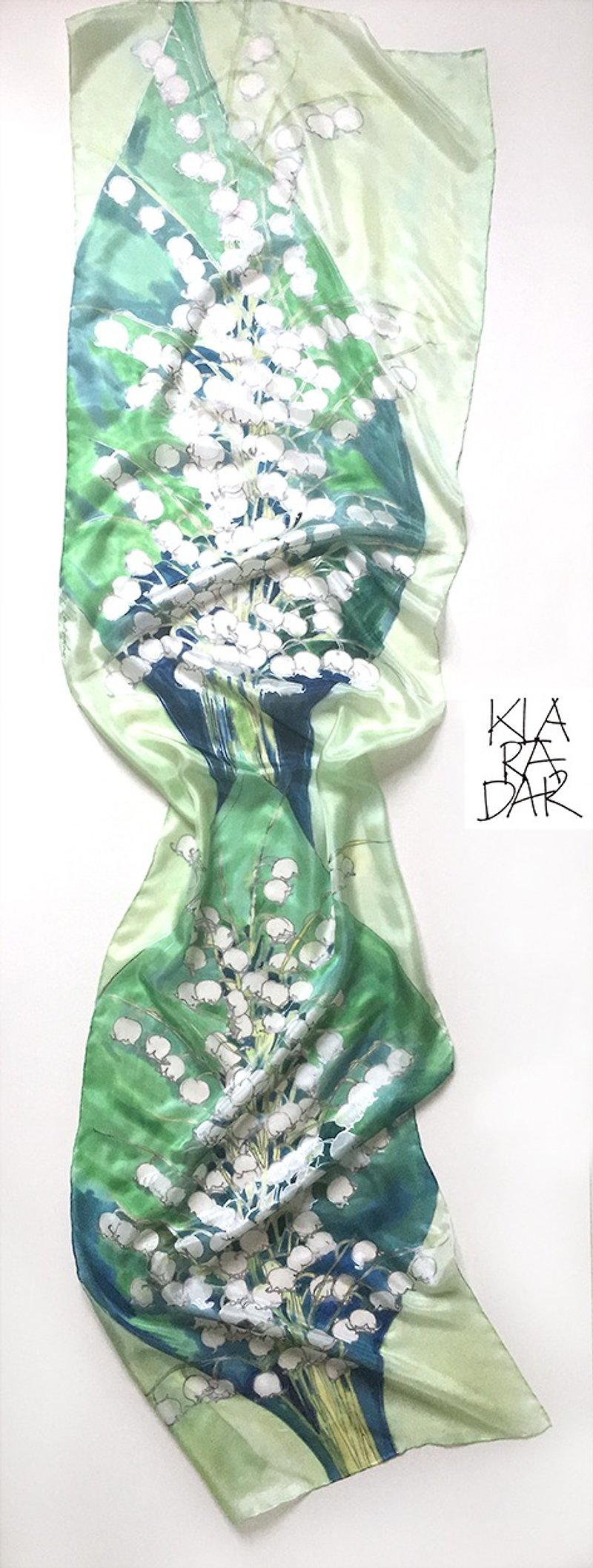Silk Scarf Lily of The Valley/ Hand painted scarf - ผ้าพันคอ - ผ้าไหม สีน้ำเงิน