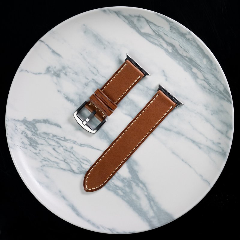 Apple Watch 手工 手縫 真皮錶帶  (義大利植鞣革-淺茶色) - 錶帶 - 真皮 咖啡色