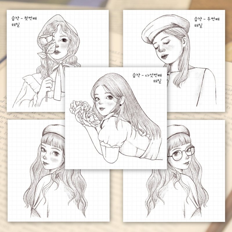 drawing study ver1~5 MIX (hamil) Vintage Girl Lady Character Sticker - 貼紙 - 紙 黑色
