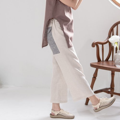Candith Natural Linen Straight Pants Decorative Two Colors Pockets - Natural Color