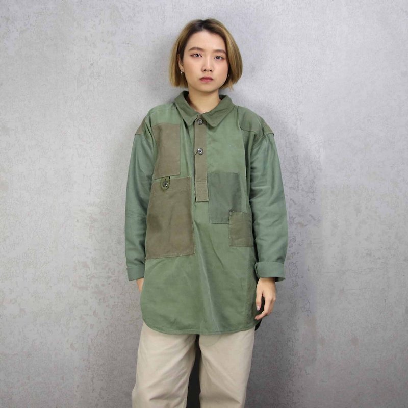 Tsubasa.Y vintage house 001 reproduced stitching long sleeve military lining, stitching army green army shirt - Men's Shirts - Cotton & Hemp 