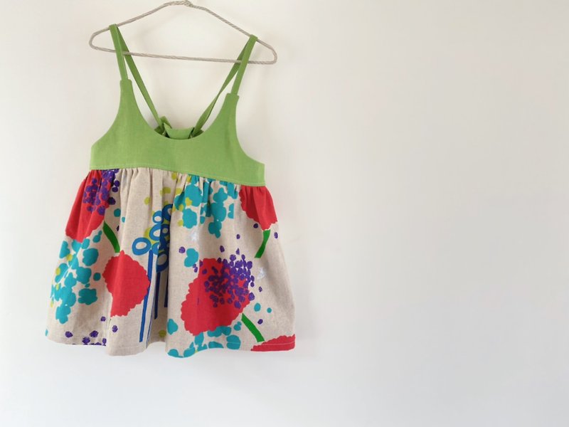 Handmade clothes~Girls' big U-neck strappy skirt/long blouse-Matcha Green Flying Bird - Skirts - Cotton & Hemp Green