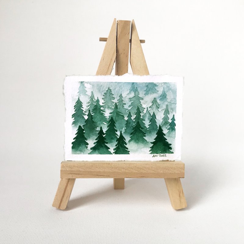 ACEO original art watercolor card Foggy forest painting Small art - ตกแต่งผนัง - กระดาษ สีเขียว