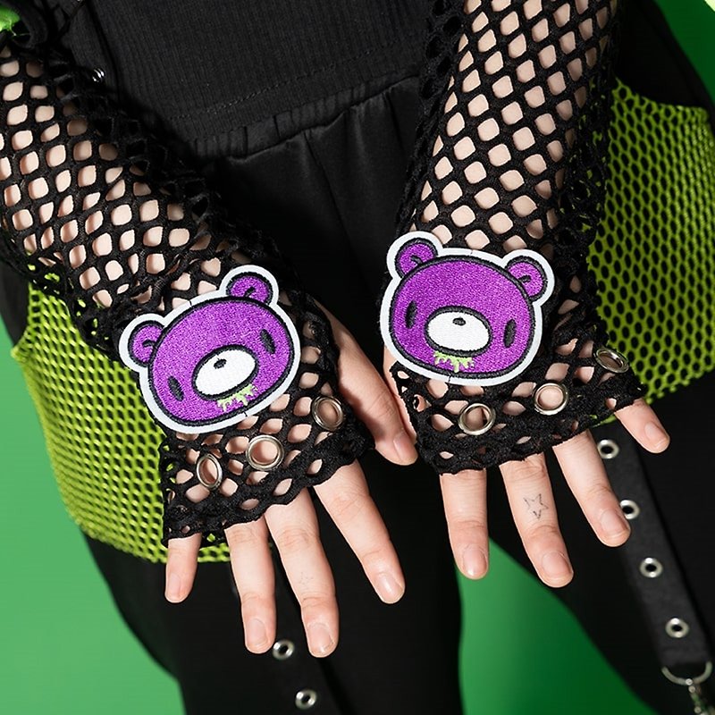 GLOOMY Violent Bear Collaboration No. 3 Punk Style Fishnet Eyelet Button Long Version Fingerless Sleeves Green [JA0641 - Gloves & Mittens - Other Man-Made Fibers 