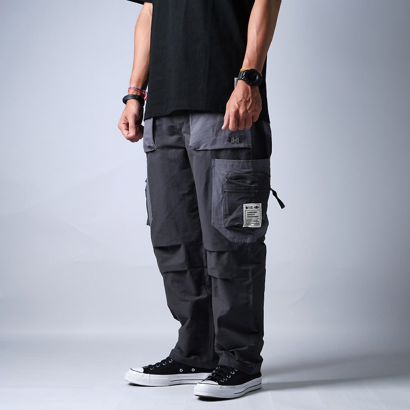 ONE-1111-STUDIO Splicing Work Trousers/Multiple Pockets/Straight Fit/Dark Gray - Men's Pants - Cotton & Hemp 