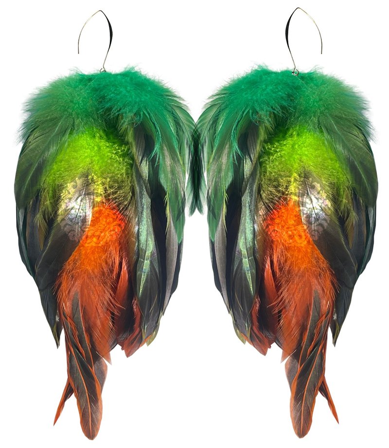 Long Feather Earrings, Green Chartreuse and Orange Feather Statement Earrings - ต่างหู - ขนของสัตว์ปีก สีเขียว