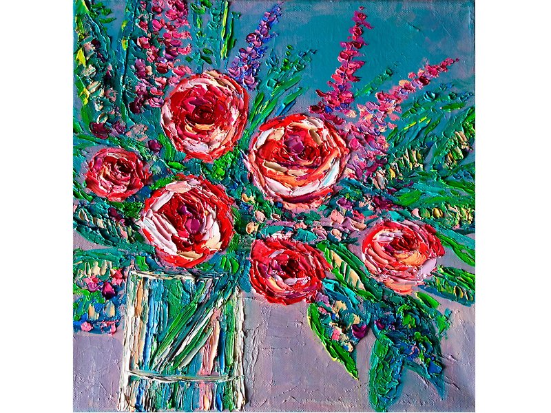 Flowers Painting Oil Abstract Floral Original Art Roses Impasto Artwork - 海報/掛畫/掛布 - 其他材質 多色
