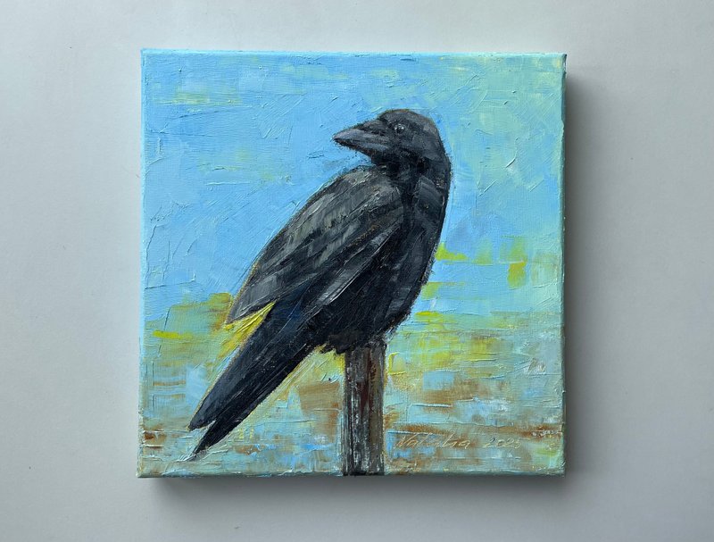Original oil painting of raven on stretched canvas - blue wall decor - 壁貼/牆壁裝飾 - 棉．麻 黑色